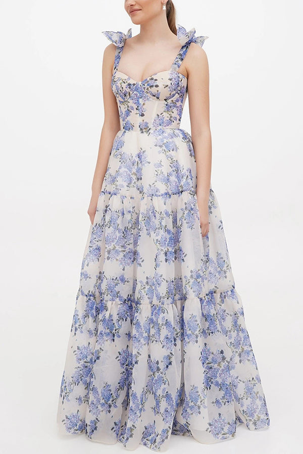 Vestido largo Fairytale Itself de organza con estampado floral y tirantes anudados