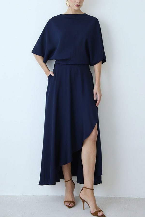 Vestido largo holgado Moderno y Elegante de satén cruzado con media manga ancha, bolsillos y abertura