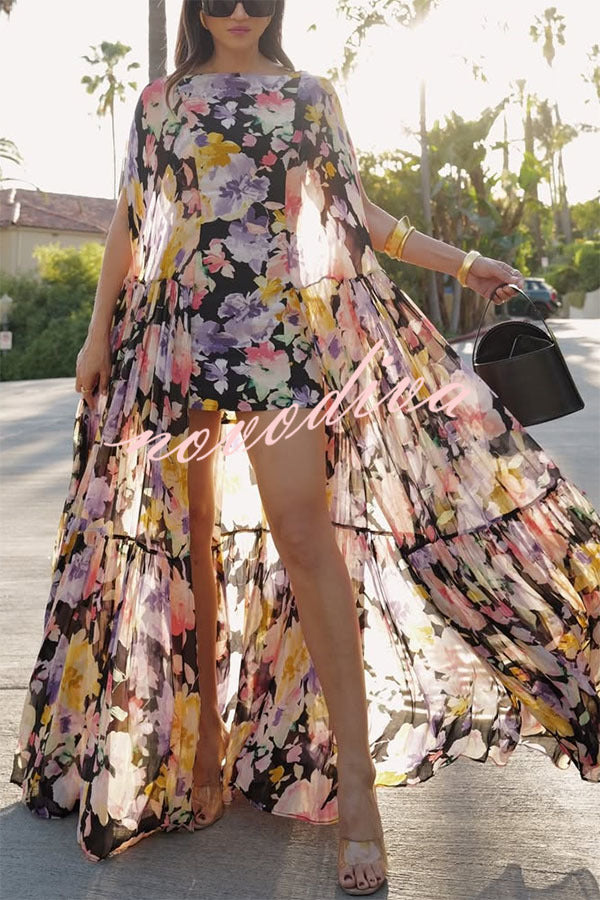 Vestido largo con capa Garden Party con estampado floral en contraste y bajo asimétrico