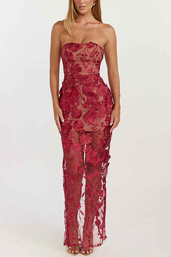 Vestido largo Sienna de tejido con bordado floral, hombros descubiertos, silueta sirena y abertura
