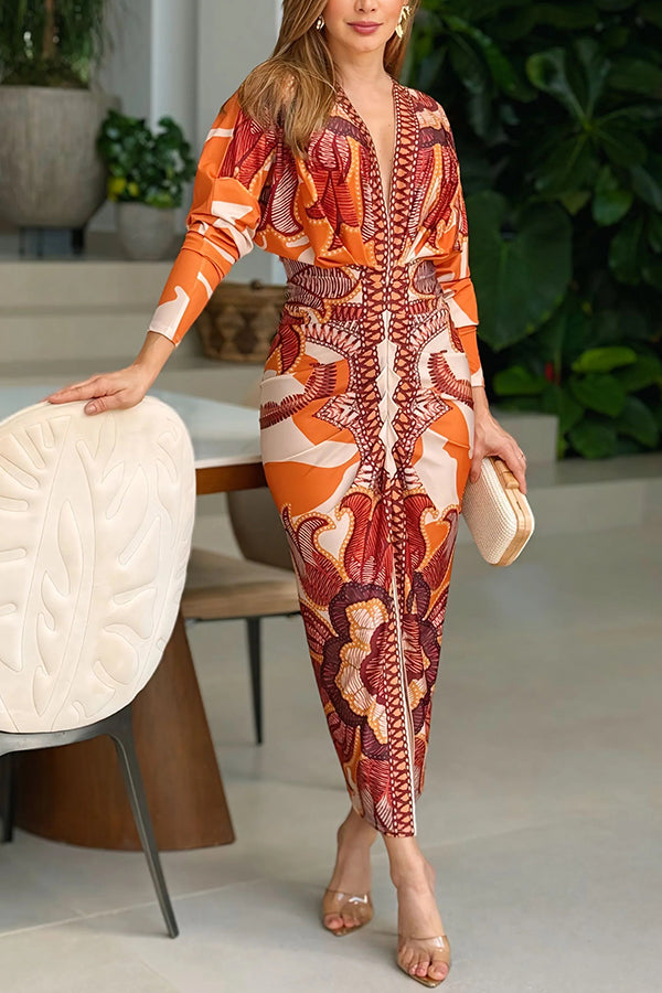 Vestido midi de estilo brasileño con estampado exclusivo, manga larga dolman, fruncido y abertura