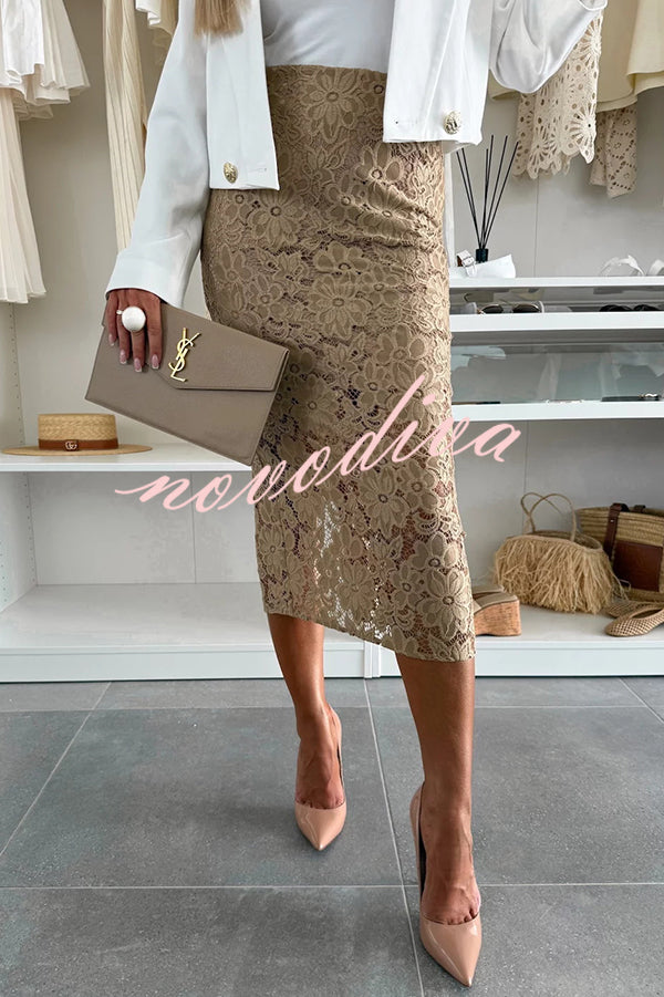 Falda midi elástica Lesia de encaje floral de talle alto con abertura