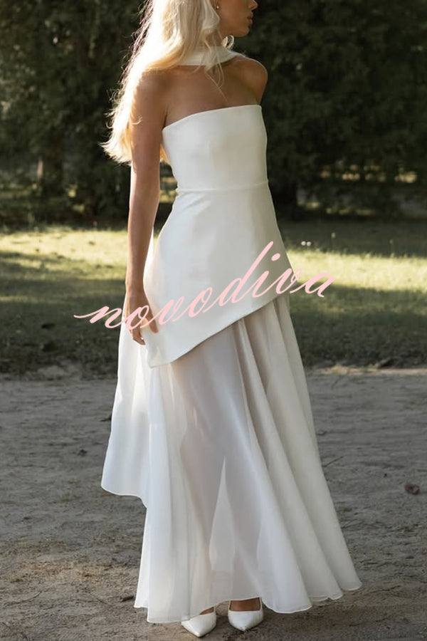 Vestido largo Mónaco con pañuelo, cuerpo estructurado con hombros descubiertos y bajo de gasa con abertura