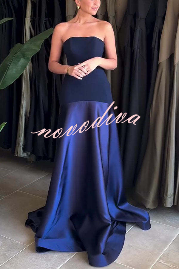 Vestido largo de gala palabra de honor de satén con paneles y vuelo, elegancia atemporal