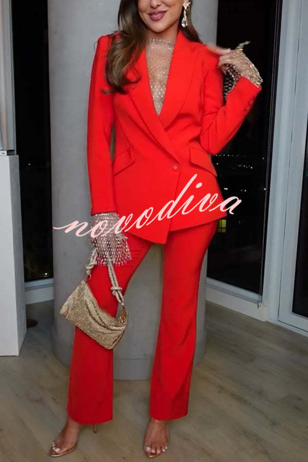 Conjunto Estilo de Vida de Lujo de blazer con solapa y un botón y pantalón de traje recto con cintura elástica y bolsillos