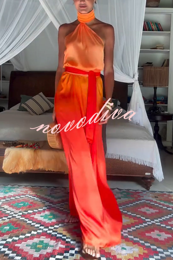 Vestido largo Chase The Sun con estampado degradado, cuello alto, espalda descubierta y lazada