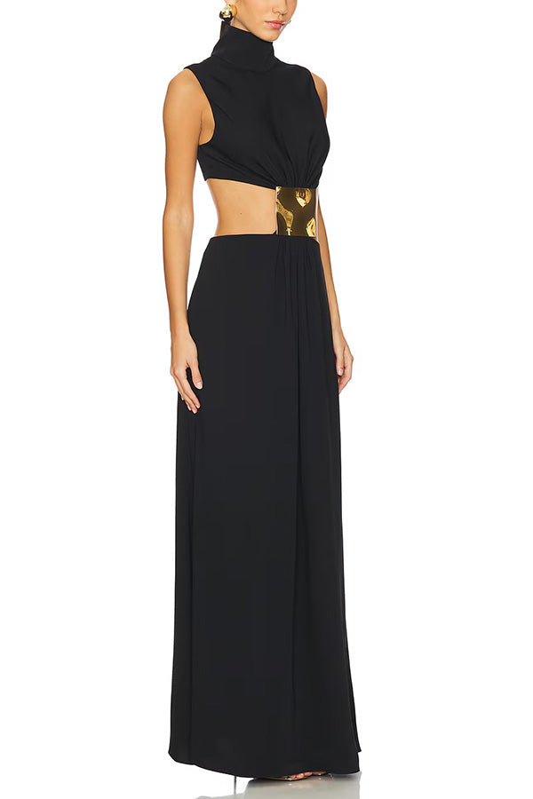 Vestido largo Avery de cuello alto con decoración metálica y abertura en la cintura