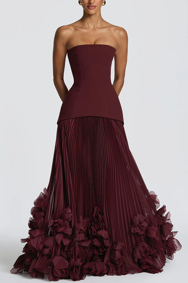 Vestido largo de gala Serafina palabra de honor con apliques florales hechos a mano, bajo plisado y lazada en la espalda