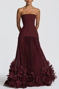 Vestido largo de gala Serafina palabra de honor con apliques florales hechos a mano, bajo plisado y lazada en la espalda