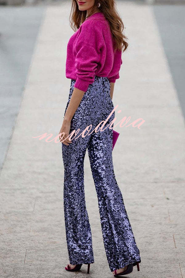Pantalón acampanado Diva de lentejuelas con talle alto y cintura elástica
