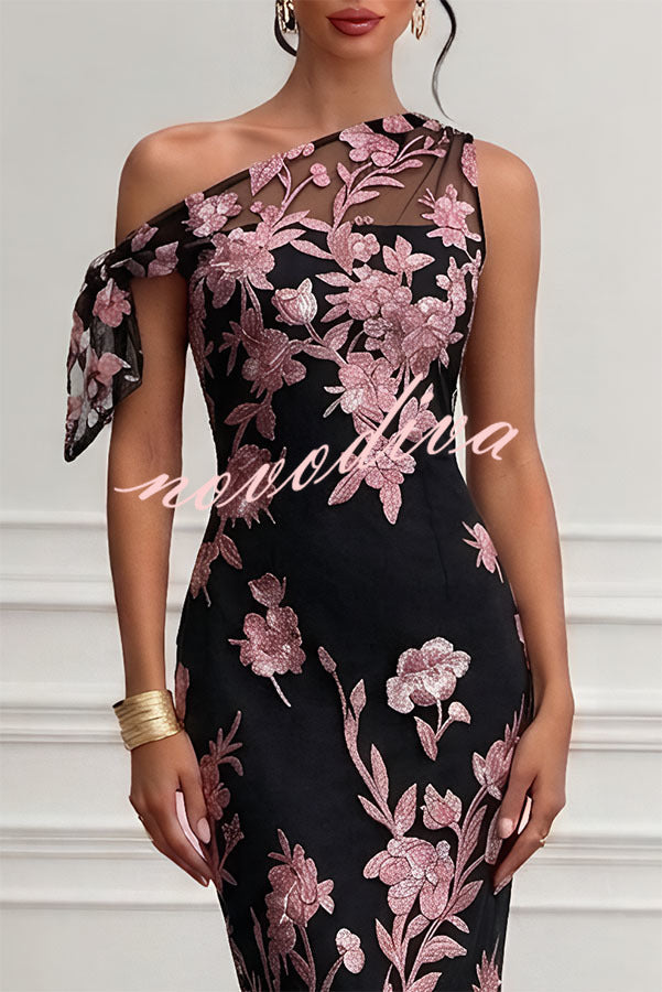 Vestido largo recto Kylen de encaje con bordado floral y lazo, asimétrico de un hombro y sin mangas