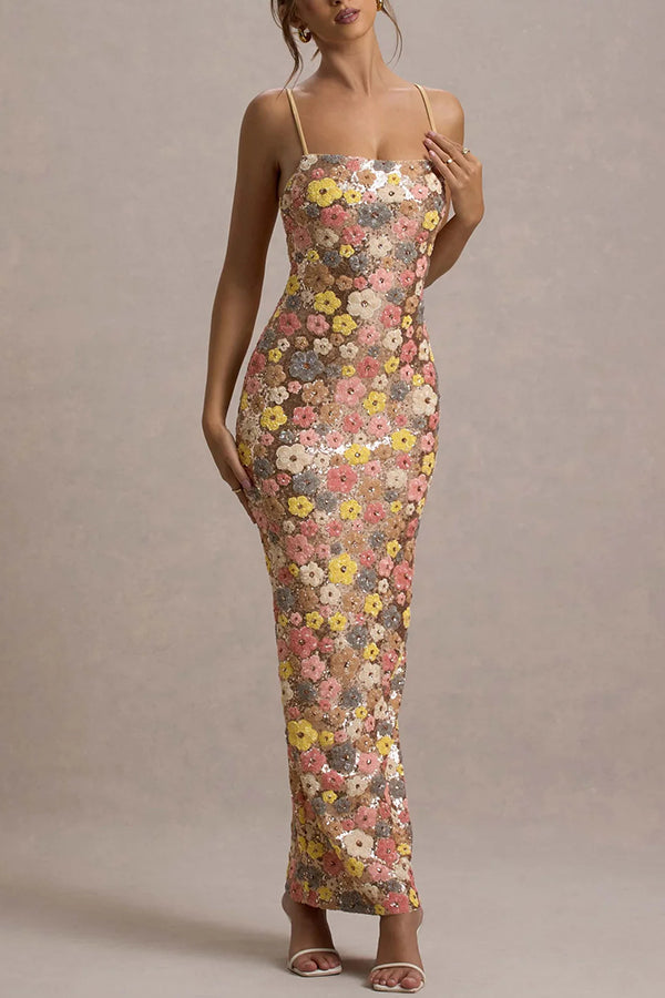 Vestido largo elástico de tirantes con lentejuelas, estampado floral inspiración años 80 y escote cuadrado