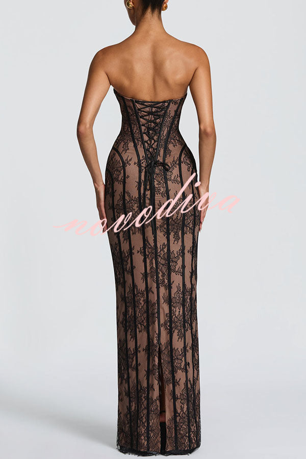 Vestido largo Sian palabra de honor de encaje floral con detalle estructurado en contraste, abertura y lazada en la espalda