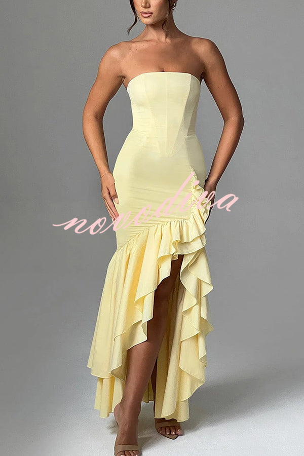 Vestido largo ajustado sexy con hombros descubiertos y bajo irregular