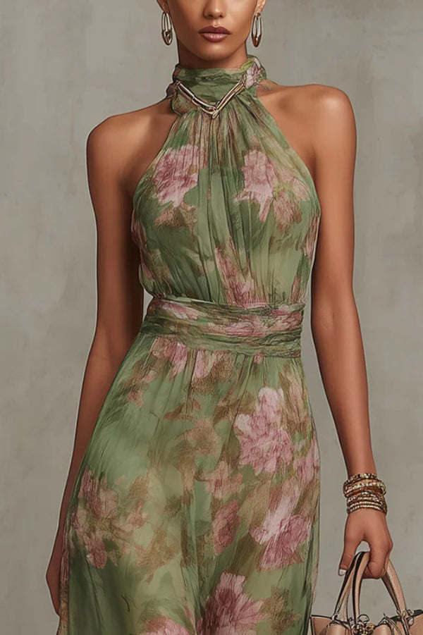Vestido largo casual de vacaciones con estampado floral, cuello halter, sin mangas y cintura entallada