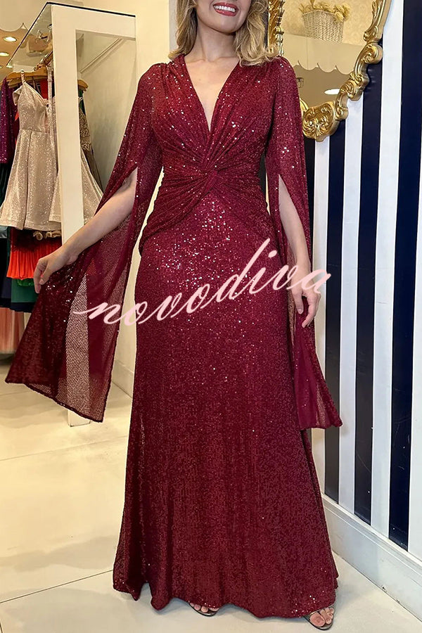 Vestido largo de noche Brilla Más de lentejuelas con manga capa y cintura cruzada