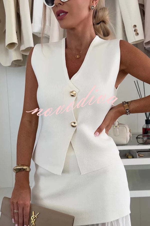 Chaleco holgado de punto con escote en V y botones dorados, elegante y con estilo