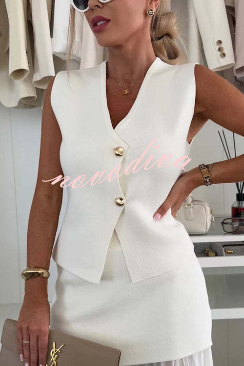 Chaleco holgado de punto con escote en V y botones dorados, elegante y con estilo