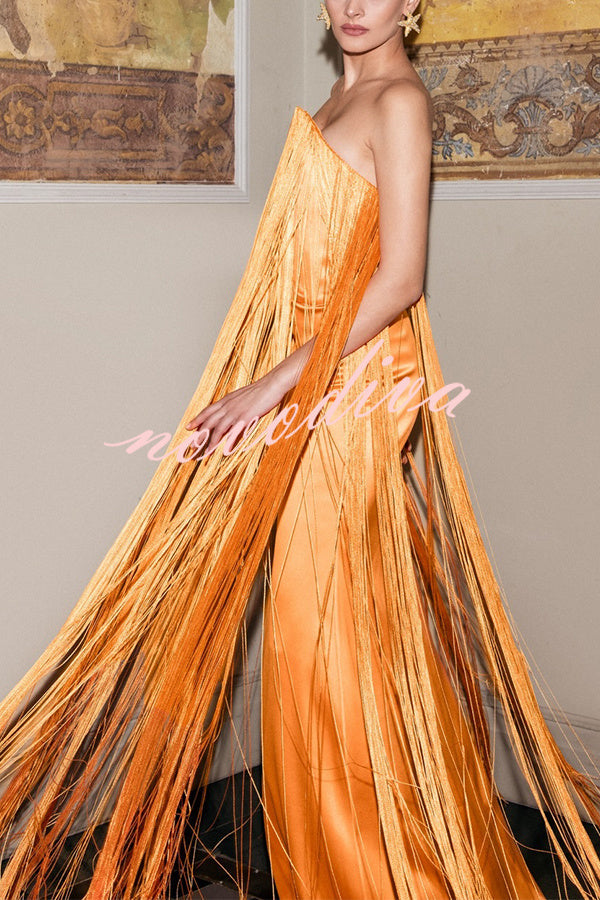 Vestido largo de gala hasta el suelo Dreamy Eye-catching con flecos brillantes y hombros descubiertos