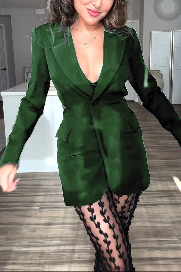 Blazer Temperamento de Reina con solapa, manga larga, botones y espalda descubierta