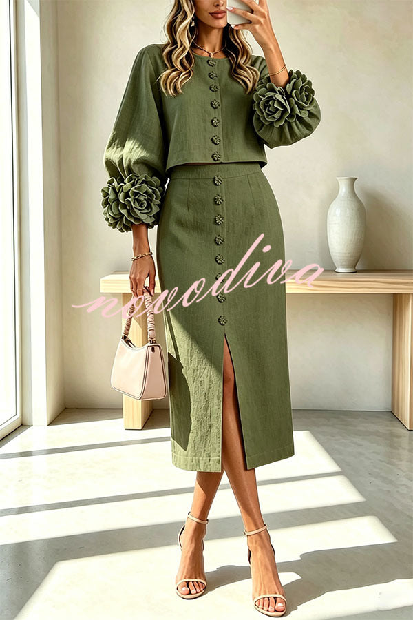 Conjunto de mezcla de lino de blusa con botones de flor y puños florales y falda midi con cintura elástica y bolsillos