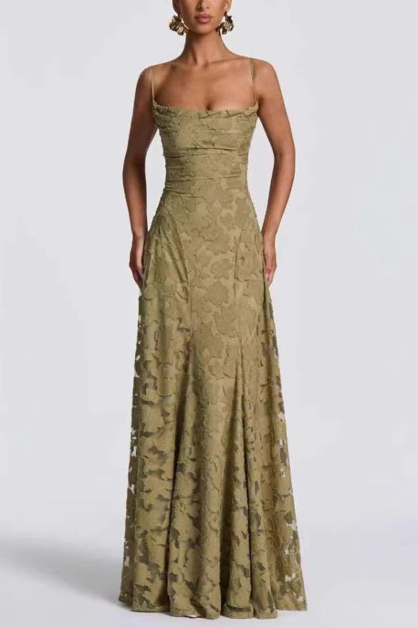 Vestido largo Francis de punto devoré floral con cuello caído y lazada en la espalda