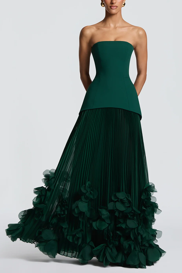 Vestido largo de gala Serafina palabra de honor con apliques florales hechos a mano, bajo plisado y lazada en la espalda