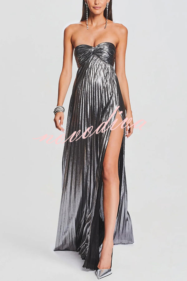 Vestido largo sexy metalizado palabra de honor plisado con abertura alta