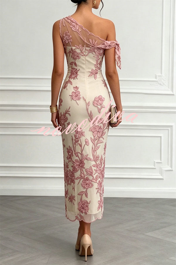 Vestido largo recto Kylen de encaje con bordado floral y lazo, asimétrico de un hombro y sin mangas