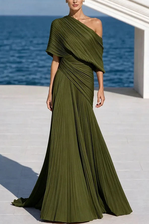 Vestido largo de gala Griego plisado asimétrico de un hombro, drapeado y con cintura cruzada