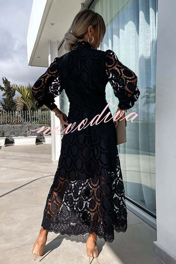 Vestido midi de fiesta Romántico, Sensual y Elegante de encaje de ganchillo con manga farol
