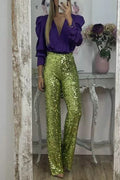 Pantalón ancho Glamour Deslumbrante de lentejuelas de talle alto con cintura elástica