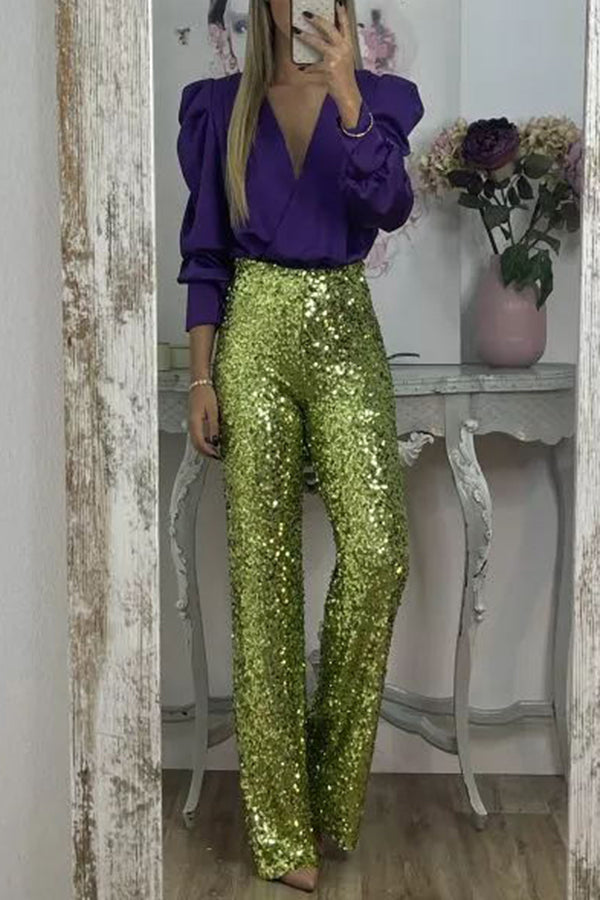 Pantalón ancho Glamour Deslumbrante de lentejuelas de talle alto con cintura elástica