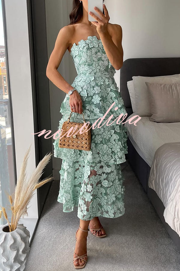 Vestido largo Cocktail Events con bordado floral 3D, hombros descubiertos y bajo escalonado