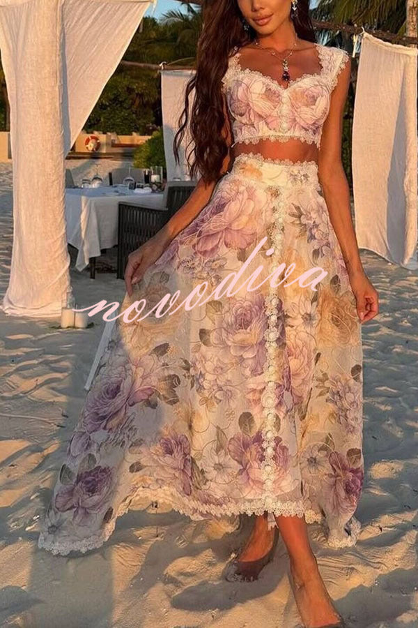 Conjunto Romántico y Bonito de top de tirantes con estampado floral, ribete de encaje y escote corazón y falda larga de talle alto