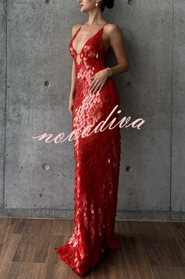 Vestido largo lencero Belleza Renovada de lentejuelas de escamas con escote en U y aberturas