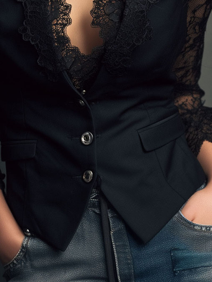 Noemí | Top Blazer Negro Con Mangas Semitransparentes