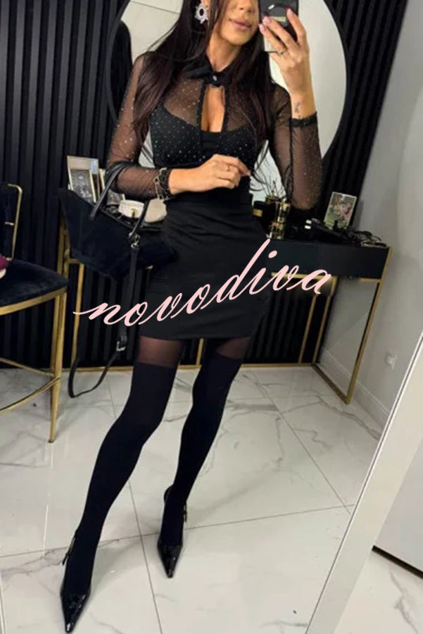Minivestido elástico Stevie de malla con brillo, cuello camisero con abertura y manga larga