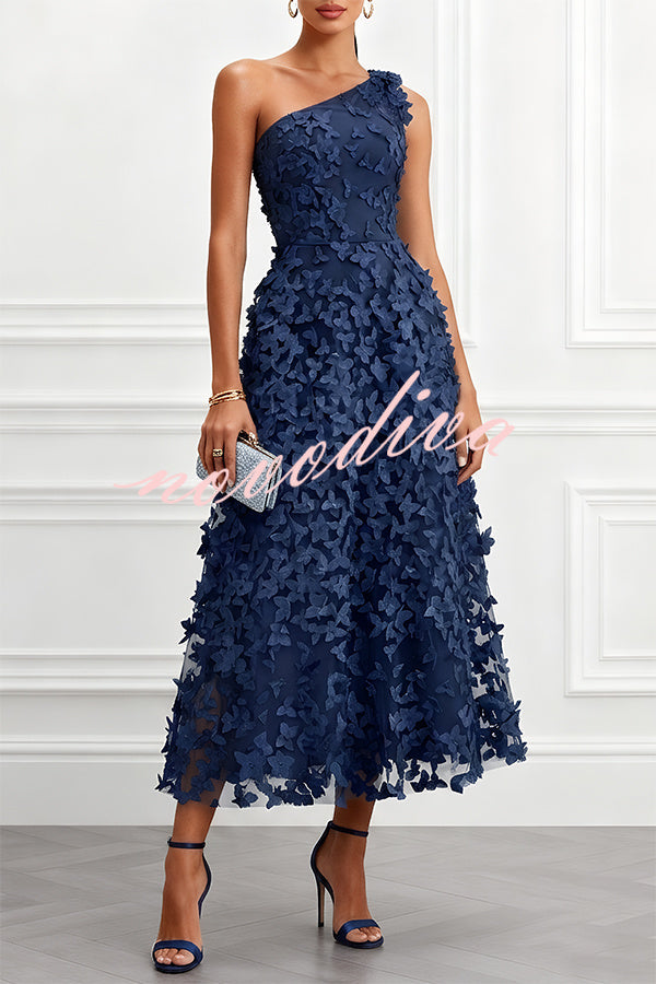 Vestido midi evasé Lynelle de tul con flores y mariposas 3D, asimétrico de un hombro y sin mangas