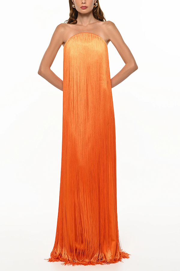 Vestido largo de gala hasta el suelo Dreamy Eye-catching con flecos brillantes y hombros descubiertos