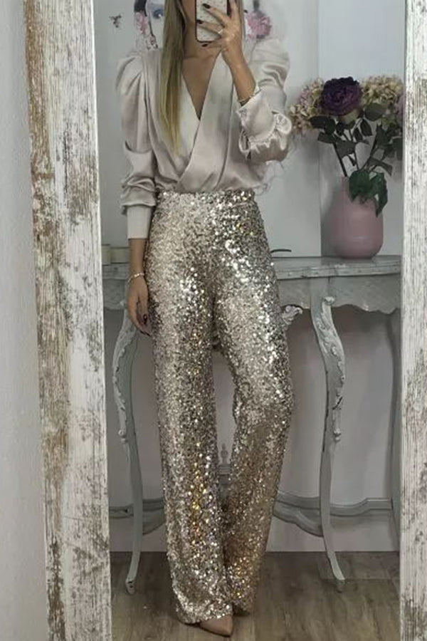 Pantalón ancho Glamour Deslumbrante de lentejuelas de talle alto con cintura elástica