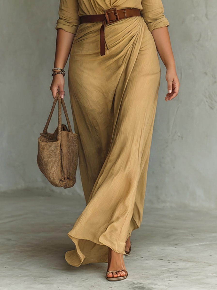 Vestido Largo con Cuello Solapa y Manga Larga para Mujer