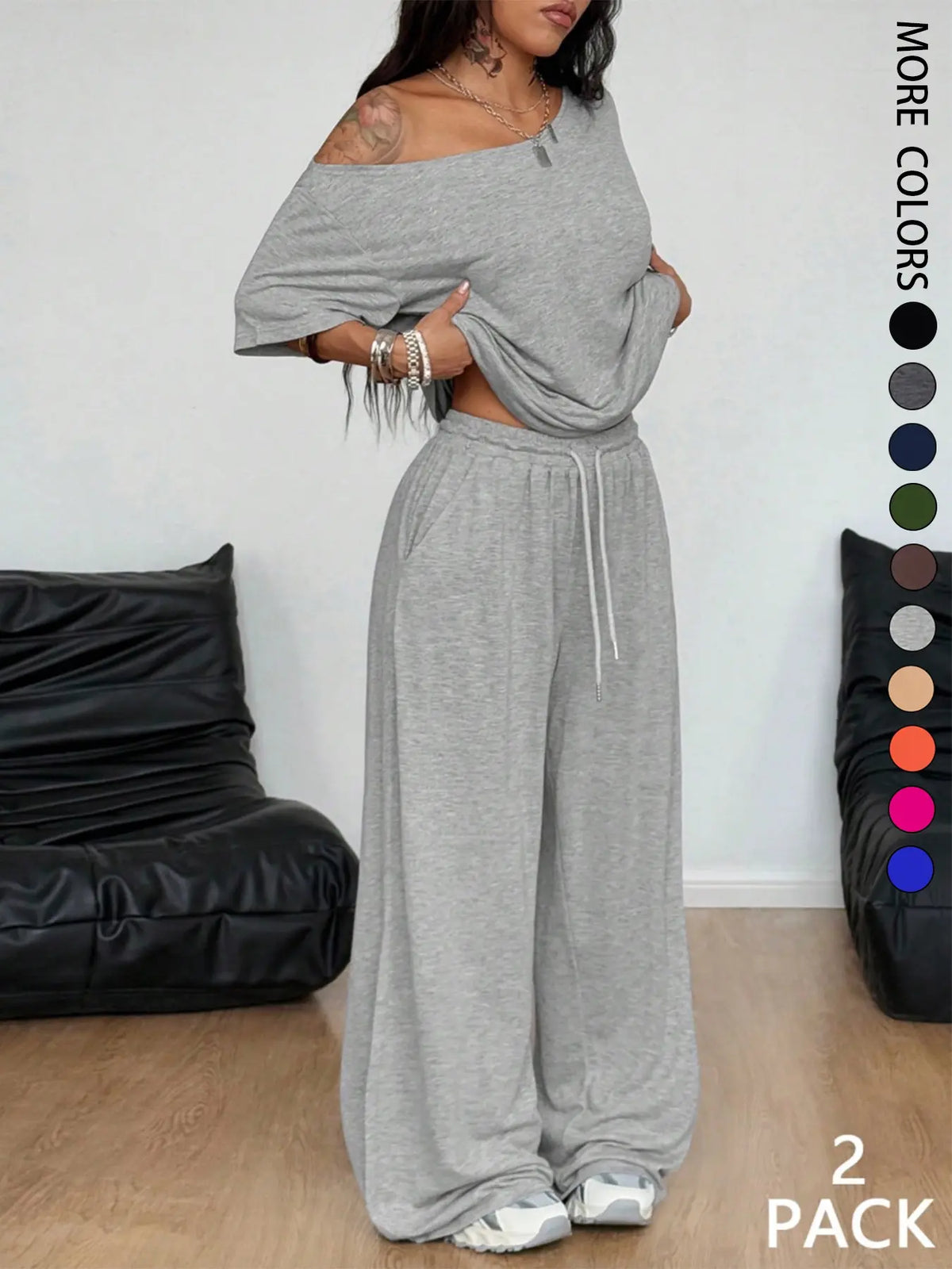 Conjunto de Dos Piezas Chicbeautyy: Camiseta de Hombros Descubiertos y Pantalón de Pierna Ancha