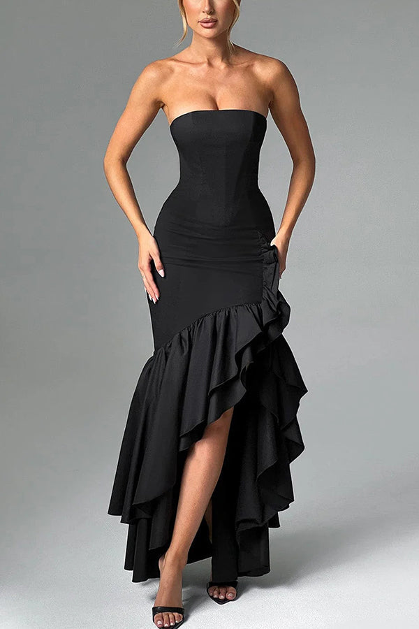 Vestido largo ajustado sexy con hombros descubiertos y bajo irregular