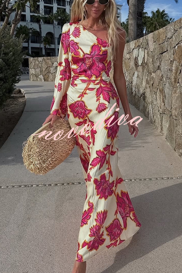 Vestido largo acampanado Rhia de satén con estampado floral asimétrico de un hombro