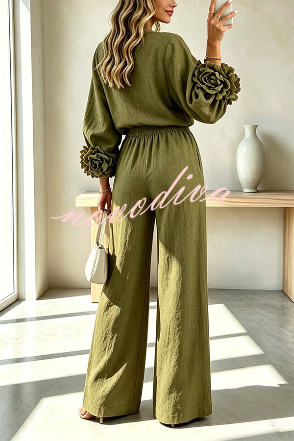 Conjunto de mezcla de lino de blusa con puños florales y pantalón con cintura elástica y bolsillos