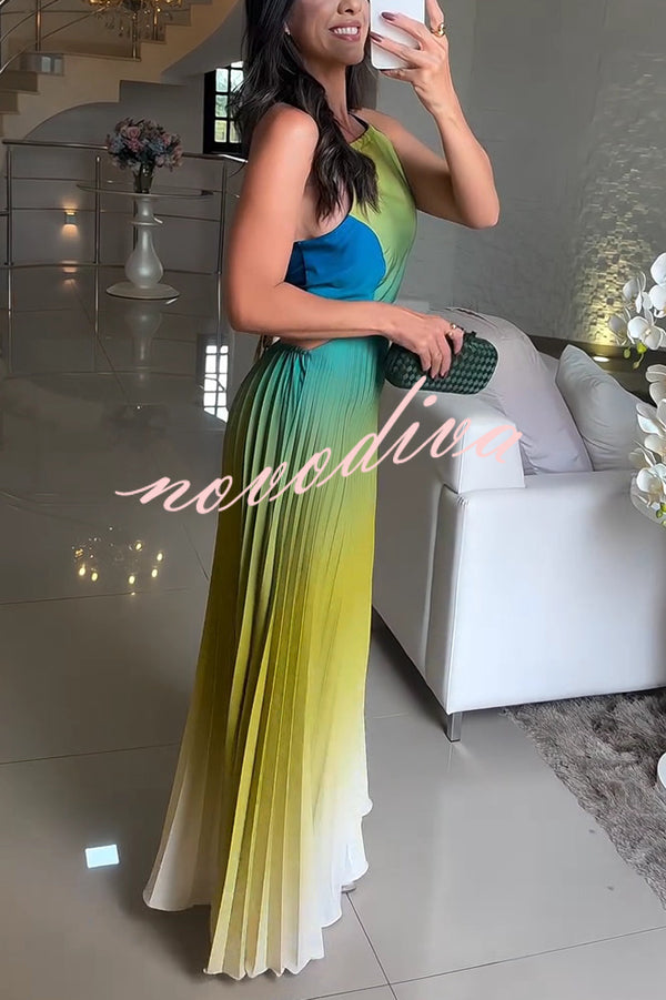 Vestido largo elegante plisado degradado con espalda descubierta y lazada