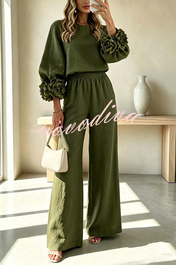Conjunto de mezcla de lino de blusa con puños florales y pantalón con cintura elástica y bolsillos