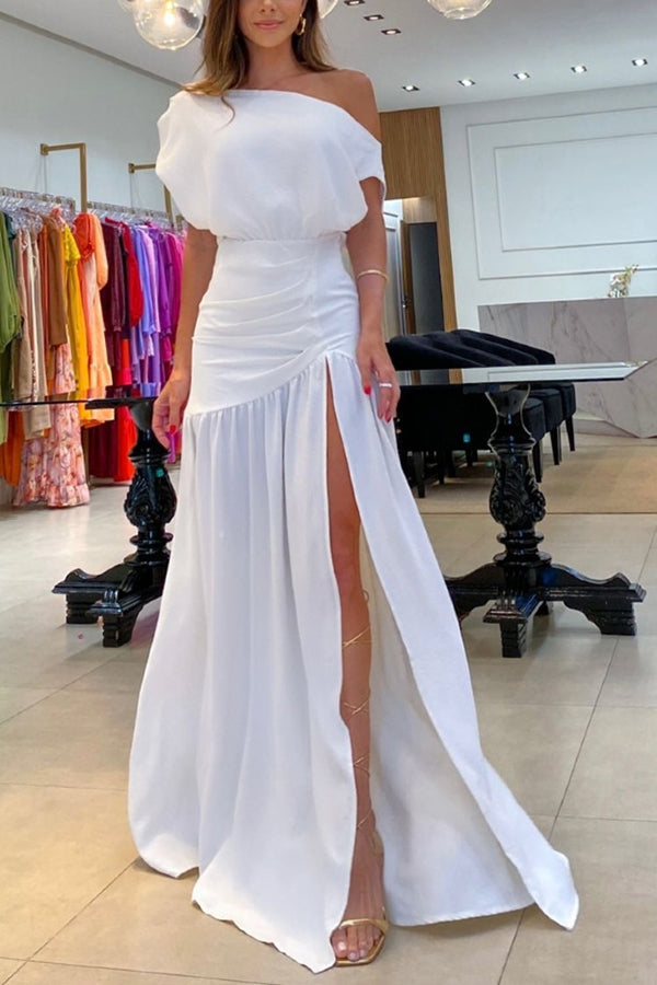 Vestido largo de fiesta Oportunidades de Medianoche asimétrico de un hombro con detalle fruncido y abertura
