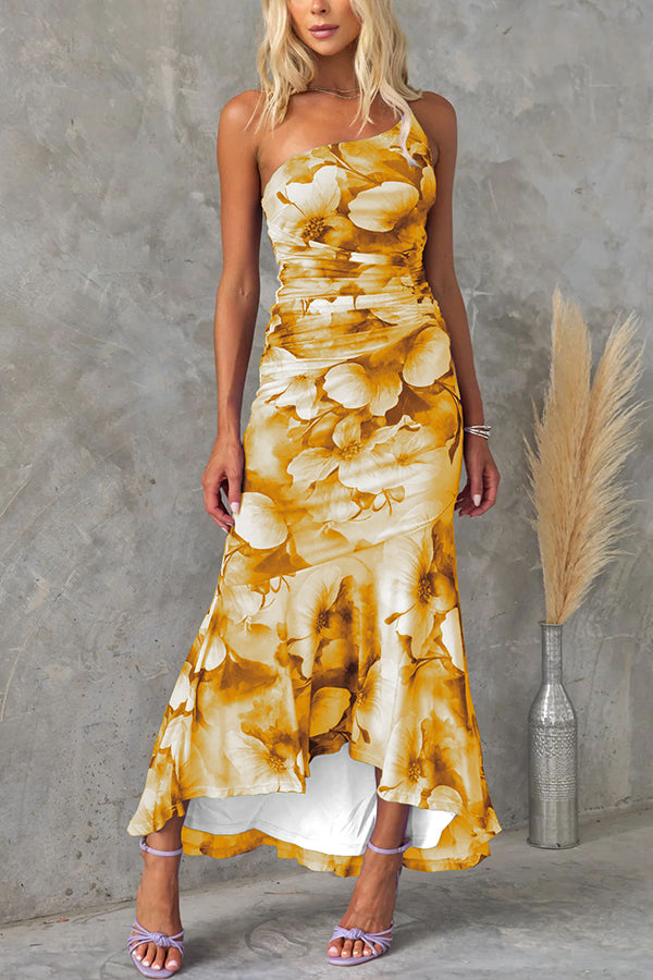 Vestido largo elástico Deja con capa de malla, estampado floral, asimétrico y fruncido
